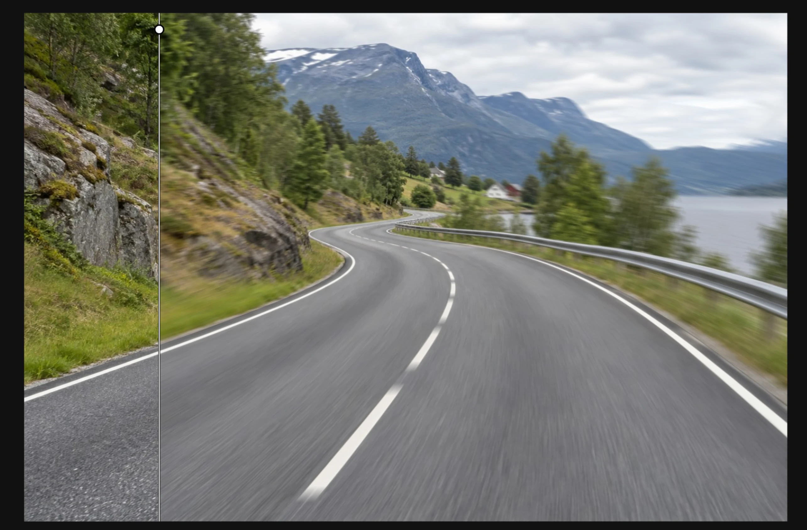 CurvEngine comparison of a sharp mountain road and its curved motion blur result