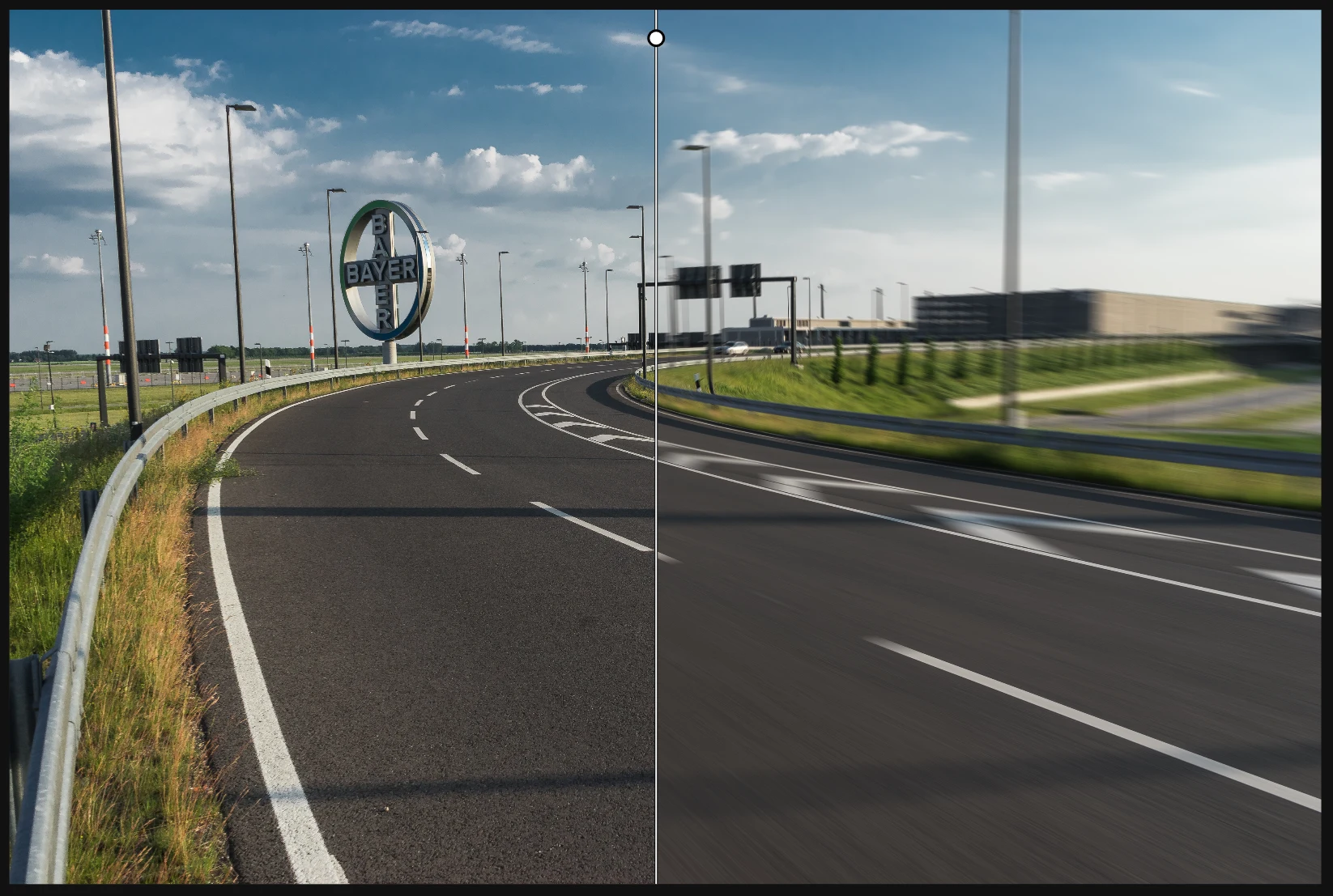 Road backplate comparison: sharp road, guardrail and surroundings on the left; CurvEngine motion blur on the right