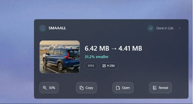 SMAAALL reducing an MP4 video from 6.42 MB to 4.41 MB