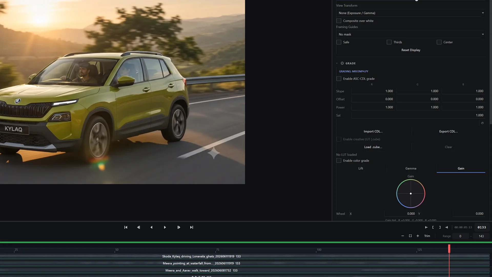 RAW Sequencer colour inspection with exposure, gamma, grade and LUT controls beside the viewer