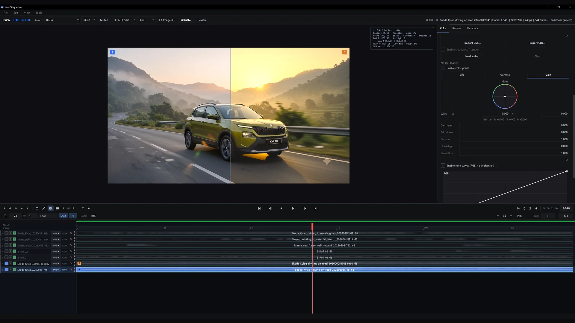 RAW Sequencer wipe comparison showing two graded versions of the same frame side by side