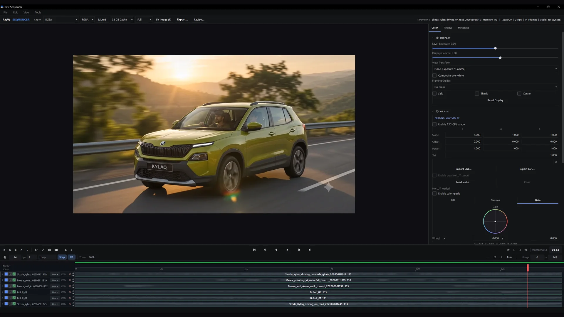 RAW Sequencer playing an image sequence with colour controls, version stack and frame-accurate timeline