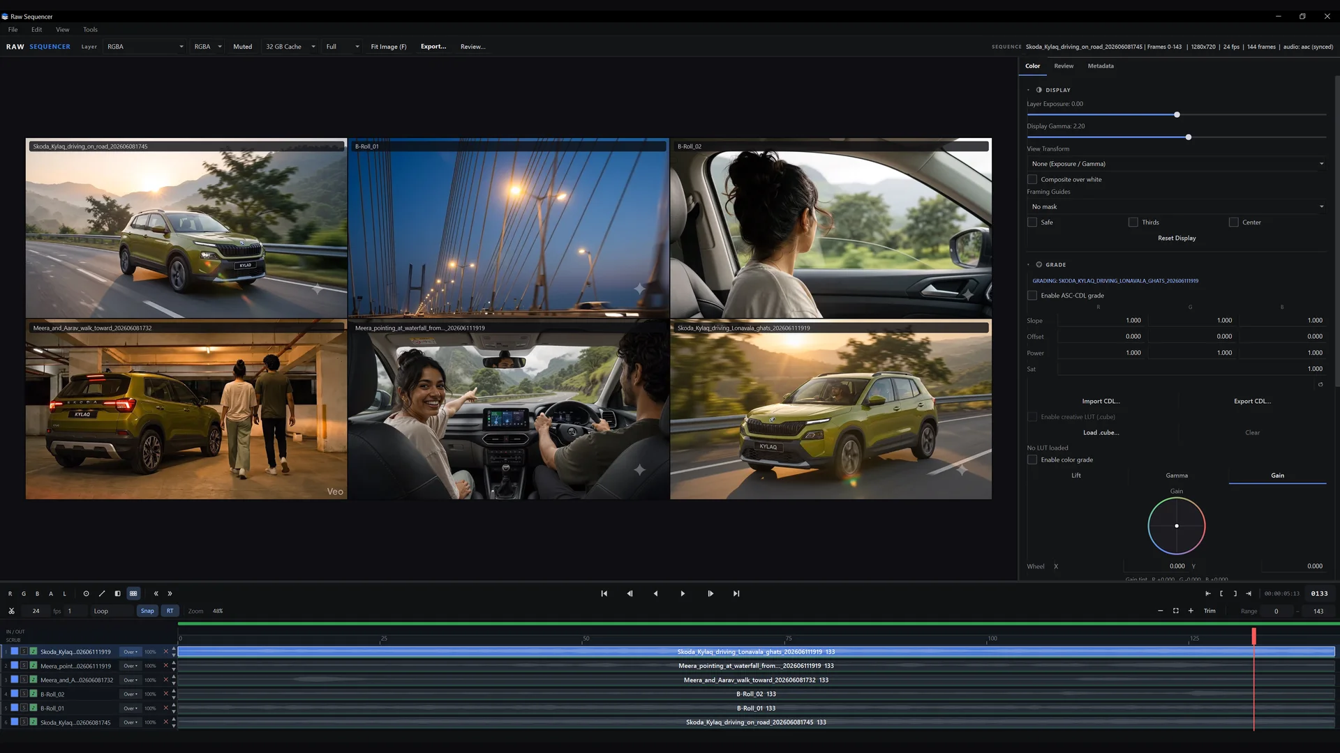 RAW Sequencer reviewing six clips at once, all synchronized to one timeline